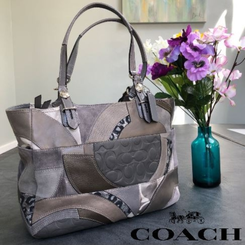 Coach Gray and Brown Patchwork Shoulder Bag